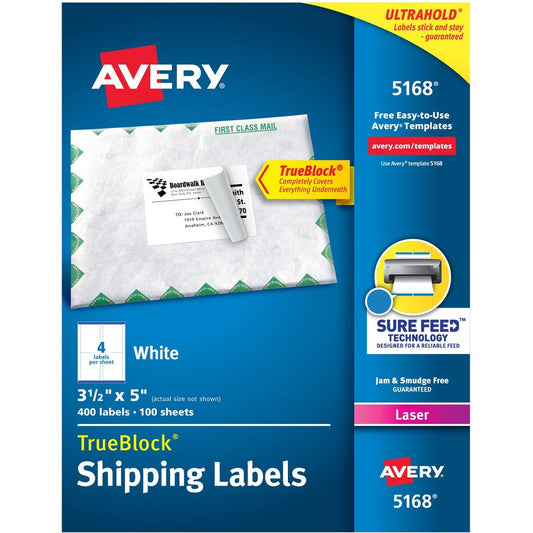 Avery&reg; TrueBlock&reg; Shipping Labels Sure Feed&reg; Technology Permanent Adhesive 3-1/2" x 5"  400 Labels (5168)