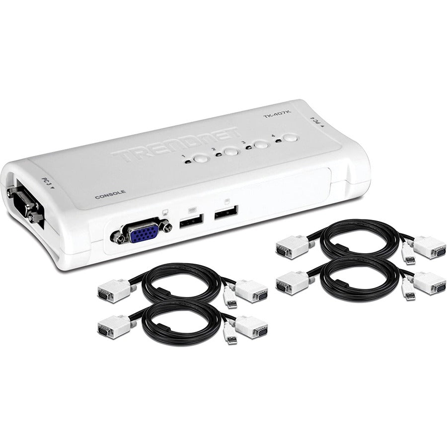 TRENDnet 4-Port USB KVM Switch Kit VGA And USB Connections 2048 x 1536 Resolution Cabling Included Control Up To 4 Computers Compliant With Window Linux and Mac OS TK-407K