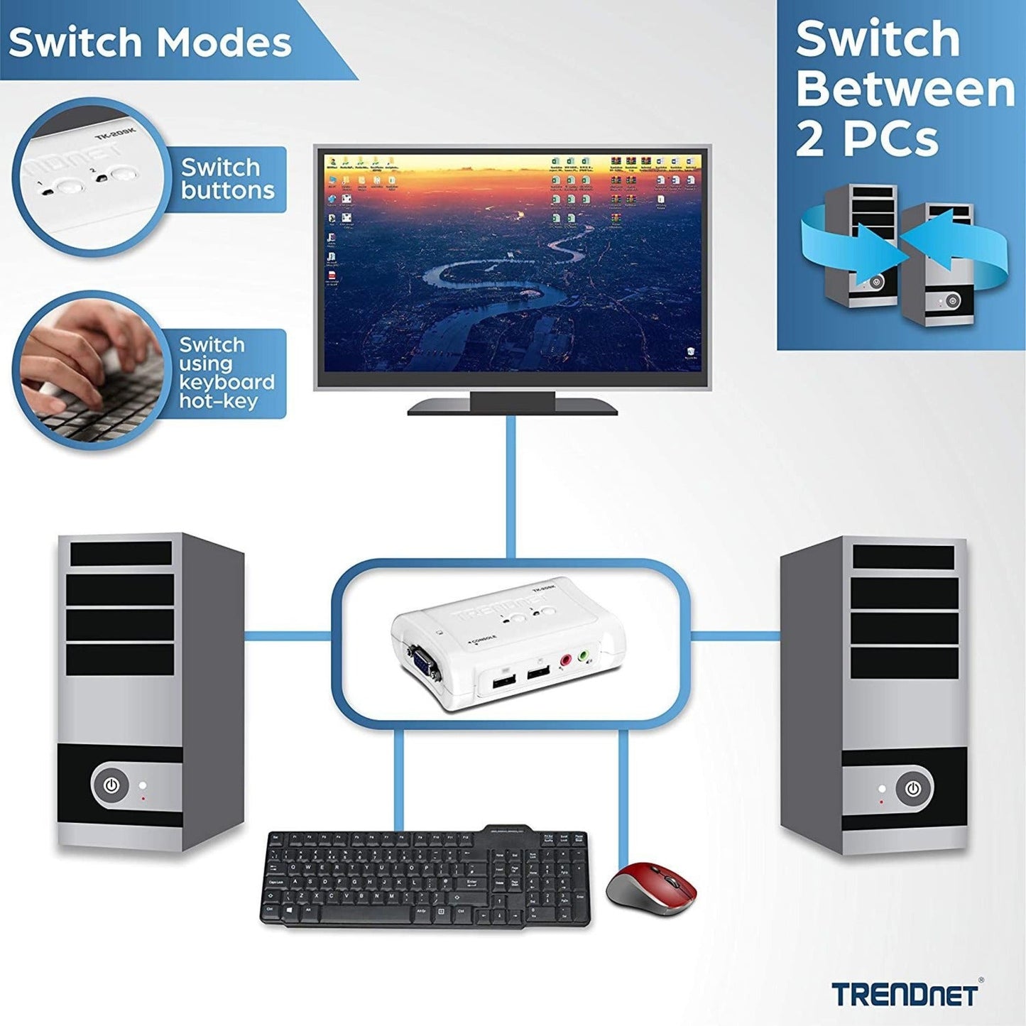 TRENDnet 2-Port USB KVM Switch and Cable Kit with Audio Manage Two PCs USB 1.1 Hot-Plug Auto-Scan Hot-Keys Windows & Linux Compliant TK-209K