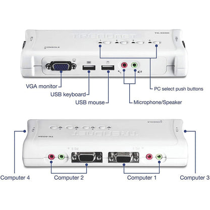 TRENDnet 4-Port USB KVM Switch and Cable Kit With Audio Manage 4 Computers USB Switch Windows Linux Auto-Scan Plug And Play Hot Pluggable 2048 x 1536 VGA Resolution White TK-409K