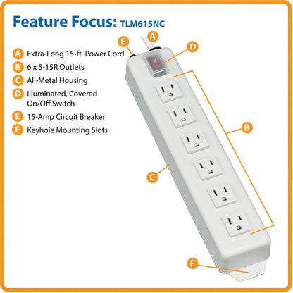 Tripp Lite Power It! 6-Outlet Power Strip 15 ft. (4.57 m) Cord 5-15P Metal Housing