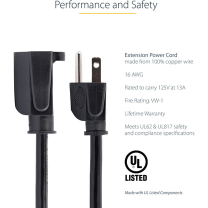 StarTech.com 1ft (0.3m) Short Extension Cord NEMA5-15R to NEMA5-15P Black Extension Cord 13A 125V 16AWG Computer Power Extension Cable