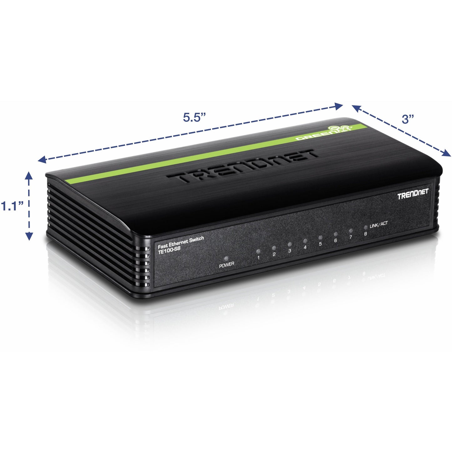 TRENDnet 8-Port Unmanaged 10/100 Mbps GREENnet Ethernet Desktop Switch; TE100-S8; 8 x 10/100 Mbps Ethernet Ports; 1.6 Gbps Switching Capacity; Plastic Housing; Network Ethernet Switch; Plug & Play