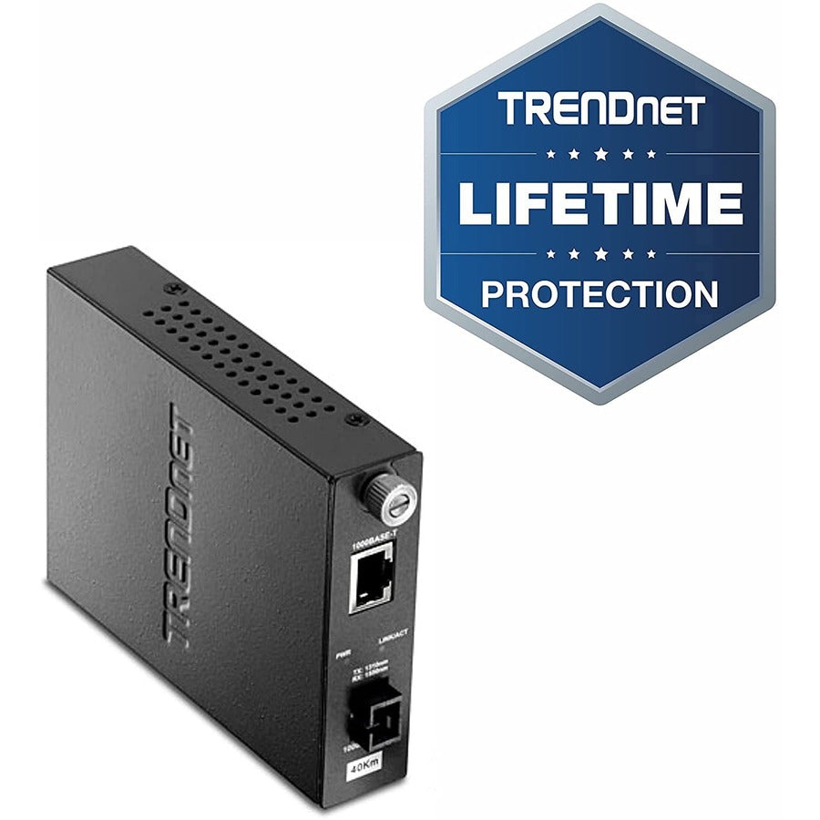 TRENDnet Intelligent Fiber Media Converter; 1000Base-T to 1000Base-LX Dual Wavelength Single Mode SC Fiber (40 km / 24.85 miles)Fiber to Ethernet Converter; RJ-45; Lifetime Protection; TFC-1000S40D3