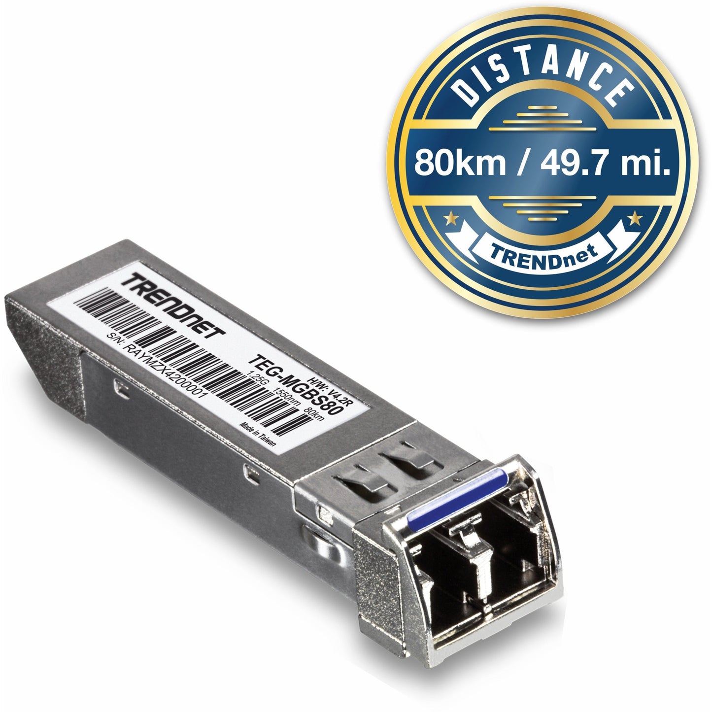 TRENDnet SFP to RJ45 Mini-GBIC Single-Mode LC Module; TEG-MGBS80; Mini-GBIC Module for Single Mode Fiber; LC Connector Type; Up to 80 Km (49.7 Miles); 1.25Gbps Gigabit Ethernet; Lifetime Protection