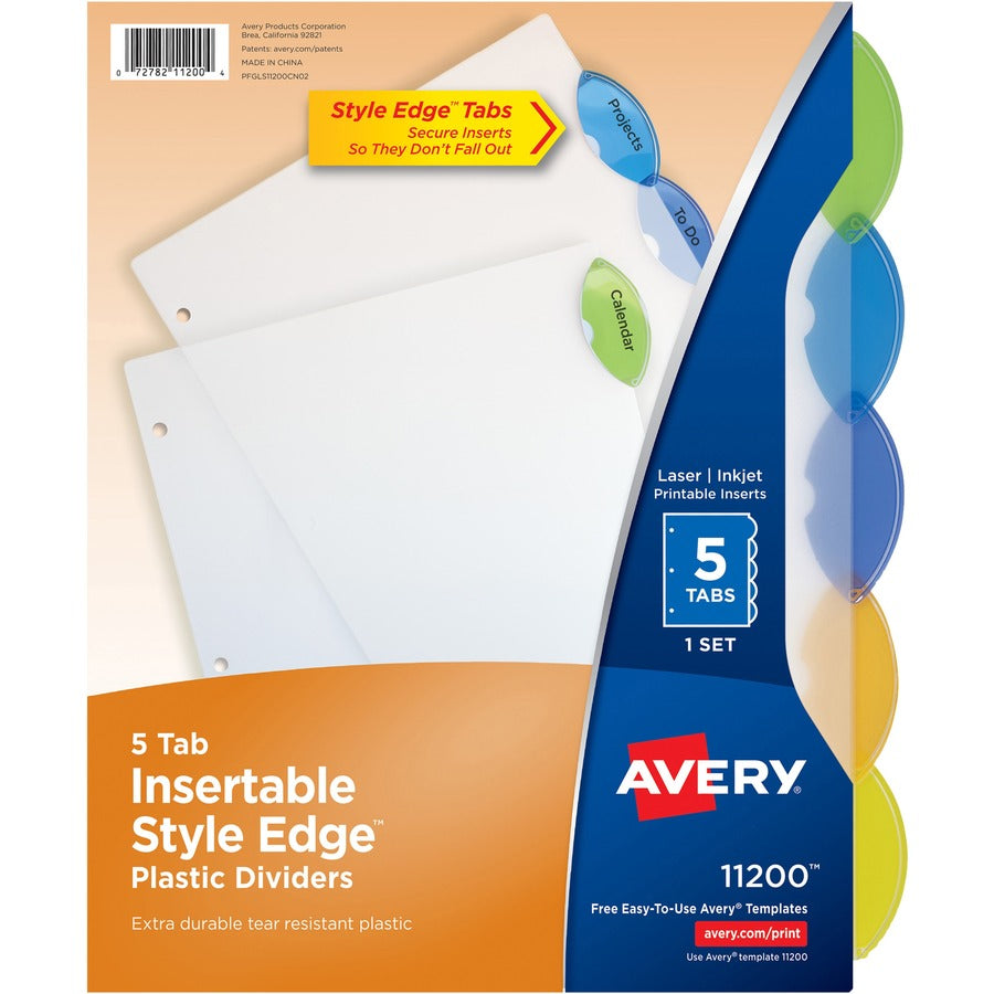 Avery&reg; Plastic Binder Dividers Insertable Multicolor Style Edge 5-tabs