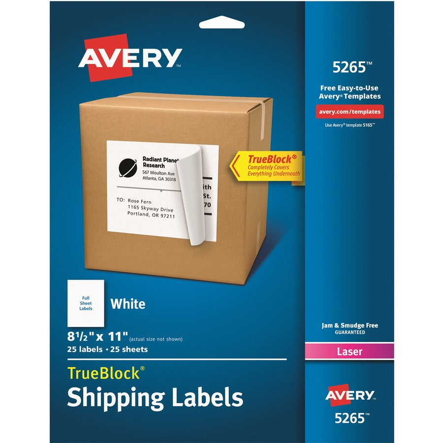 Avery&reg; Shipping Labels TrueBlock&reg; Technology Permanent Adhesive 8-1/2" x 11"  25 Labels (5265)