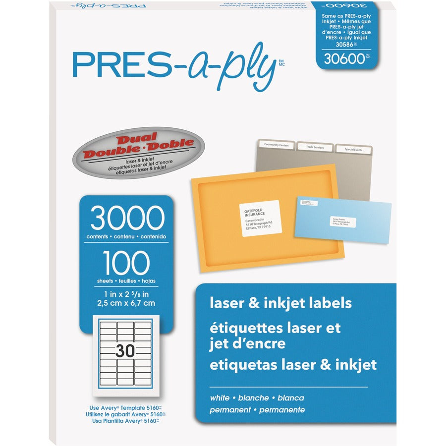 Avery&reg; PRES-a-ply&reg; White Labels 1" x 2-5/8"  Permanent-Adhesive 30-up 3000 labels