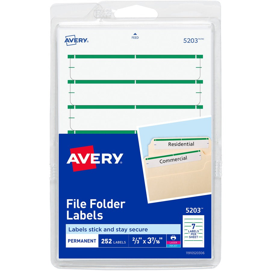 Avery&reg; File Folder Labels on 4" x 6" Sheets Easy Peel White/Green Print or Write 2/3" x 3-7/16"  252 Labels (5203)