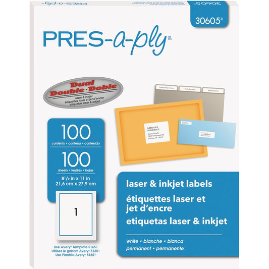 Avery&reg; PRES-a-ply&reg; White Labels 8-1/2" x 11"  Permanent-Adhesive 1-up 100 labels