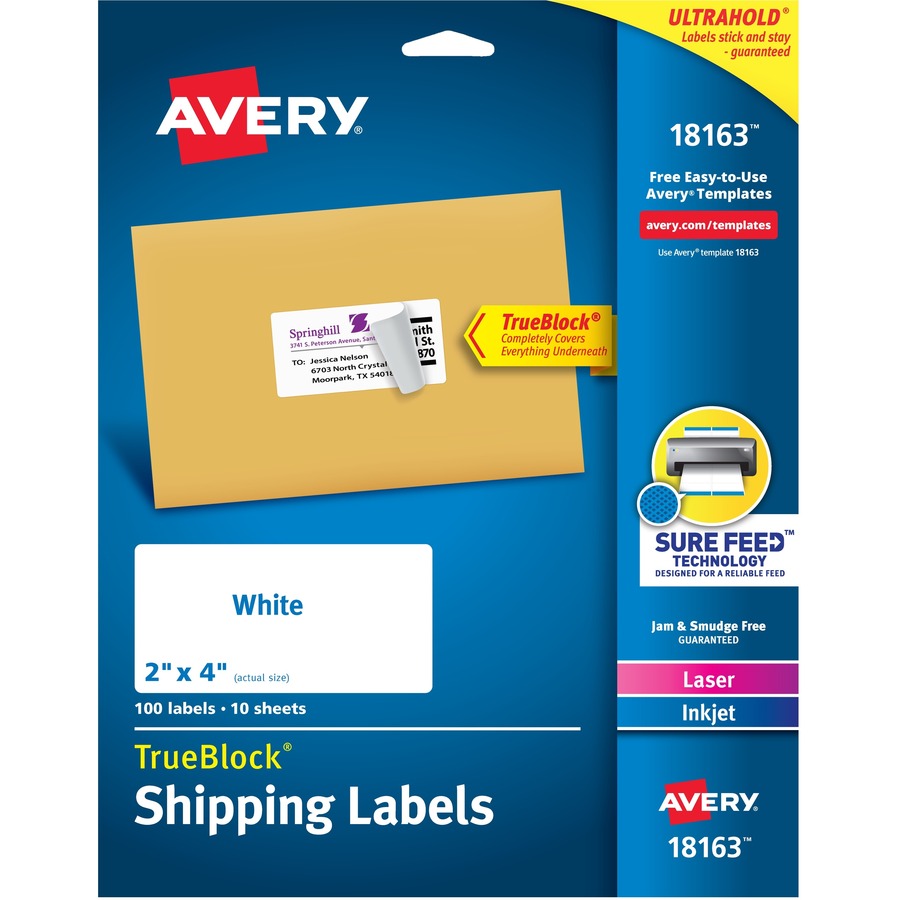 Avery&reg; TrueBlock&reg; Shipping Labels Sure Feed&reg; Technology Permanent Adhesive 2" x 4"  100 Labels (18163)