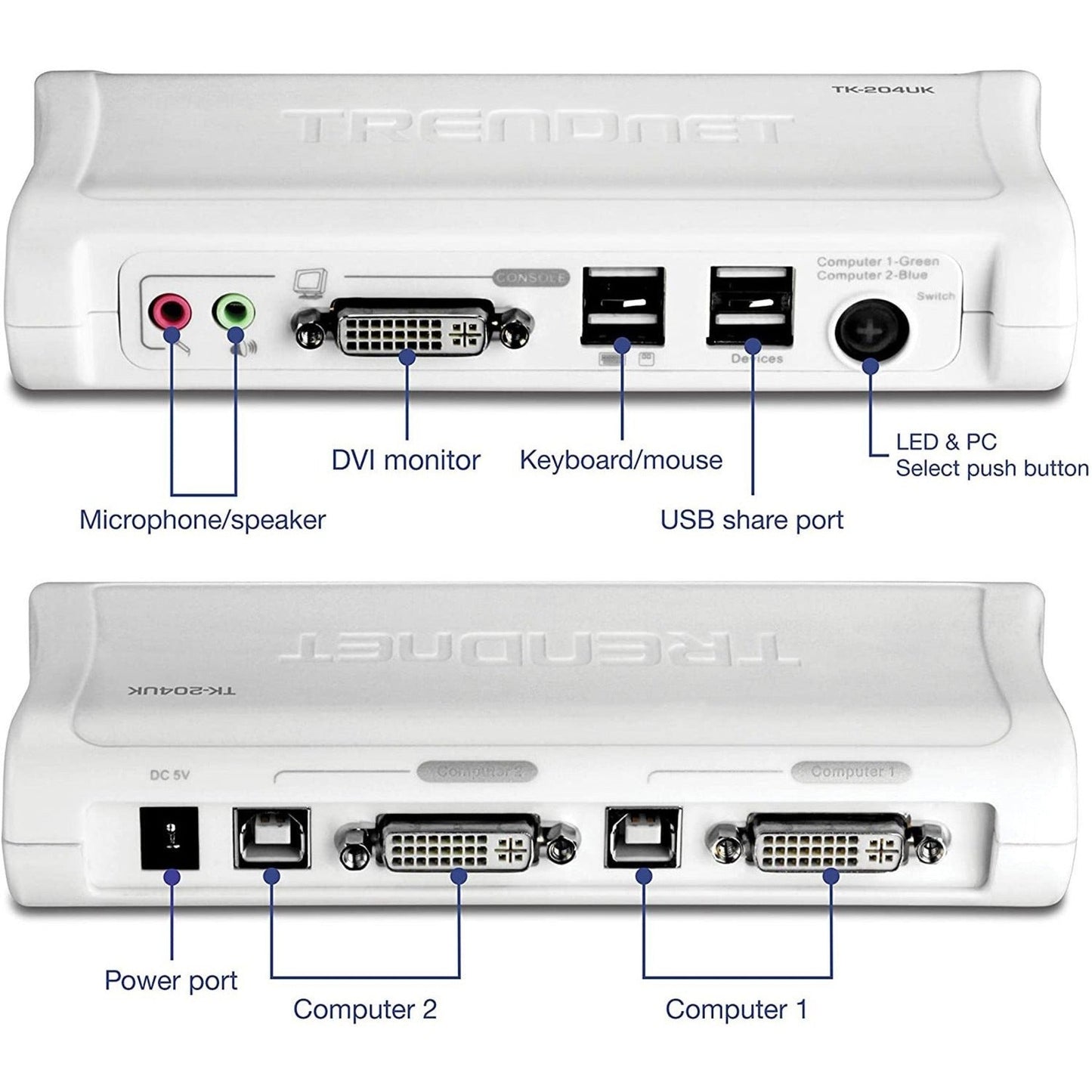 TRENDnet 2-Port DVI USB KVM Switch & Cable Kit with Audio Manage Two PCs 2 x USB Keyboard & Mouse Ports 2 x Bonus USB 2.0 Ports 2 Way Audio Support TK-204UK