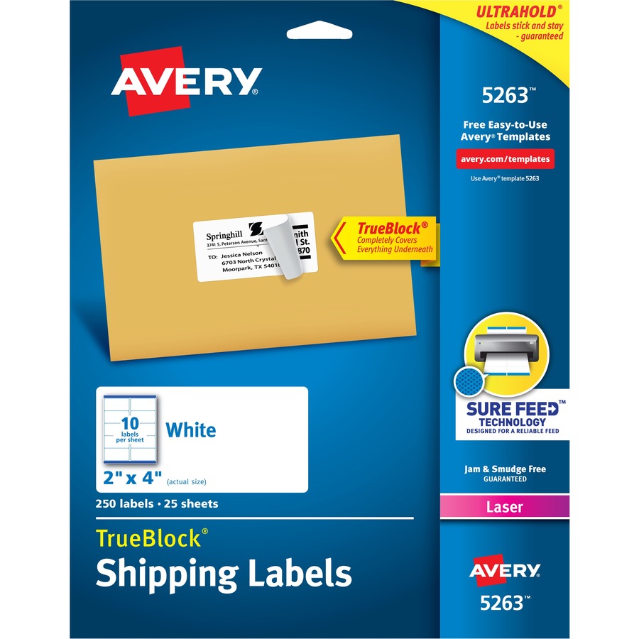 Avery&reg; TrueBlock&reg; Shipping Labels Sure Feed&reg; Technology Permanent Adhesive 2" x 4"  250 Labels (5263)