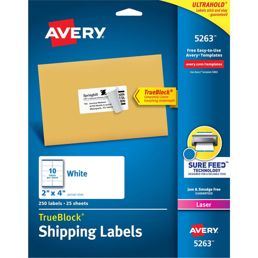 Avery&reg; TrueBlock&reg; Shipping Labels Sure Feed&reg; Technology Permanent Adhesive 2" x 4"  250 Labels (5263)