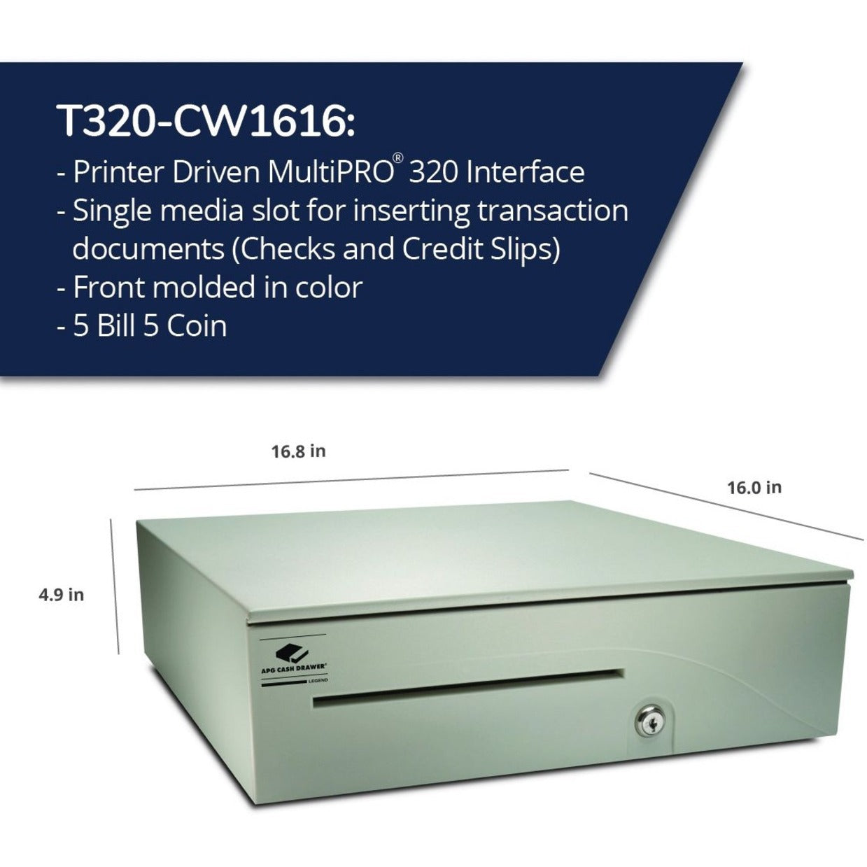 APG Heavy-Duty 16" Point of Sale Cash Drawer | T320-CW1616 | MultiPRO 320 Interface 24V | 16" x 4.9" x 16.8" | White