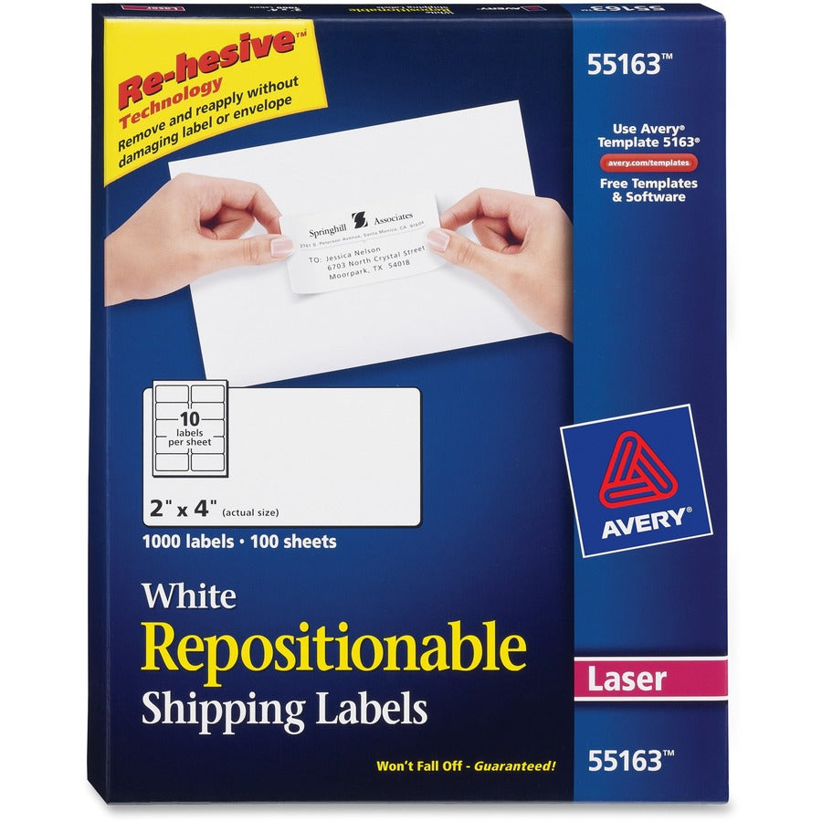 Avery&reg; Repositionable Shipping Labels Sure Feed&reg; Technology Repositionable Adhesive 2" x 4"  1000 Labels (55163)