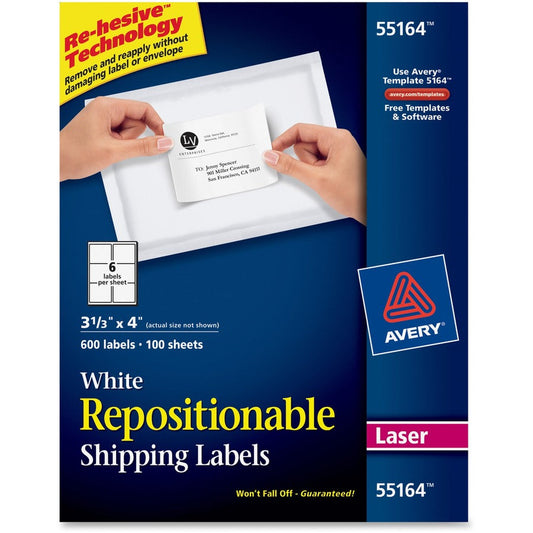 Avery&reg; Repositionable Shipping Labels Sure Feed&reg; Technology Repositionable Adhesive 3-1/3" x 4"  600 Labels (55164)