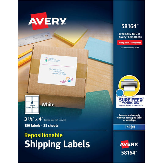 Avery&reg; Repositionable Shipping Labels Sure Feed&reg; Technology Repositionable Adhesive 3-1/3" x 4"  150 Labels (58164)