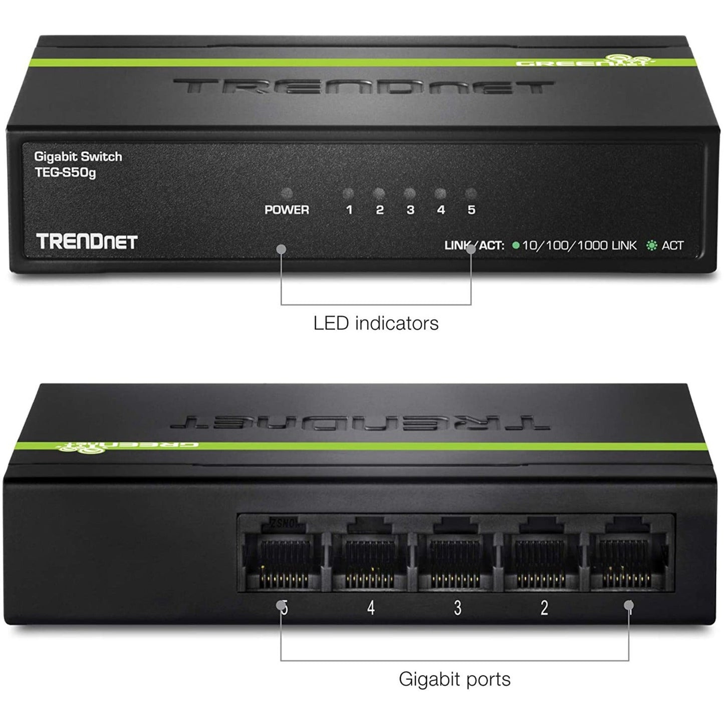 TRENDnet 5-Port Unmanaged Gigabit GREENnet Desktop Metal Switch Ethernet-Network Switch 5 x Gigabit Ports Fanless 10 Gbps Switching Fabric Lifetime Protection Black TEG-S50g