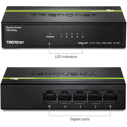 TRENDnet 5-Port Unmanaged Gigabit GREENnet Desktop Metal Switch Ethernet-Network Switch 5 x Gigabit Ports Fanless 10 Gbps Switching Fabric Lifetime Protection Black TEG-S50g