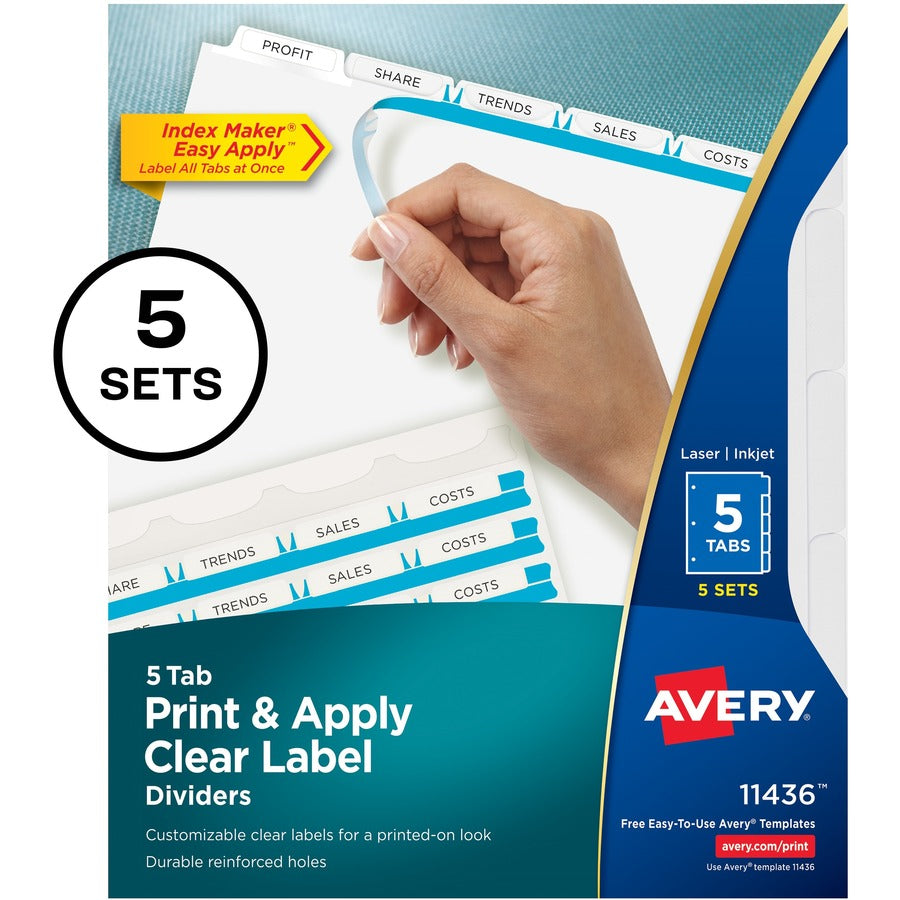 Avery&reg; Print & Apply Clear Label Dividers Index Maker(R) Easy Apply(TM) Printable Label Strip 5 White Tabs 5 Sets (11436)