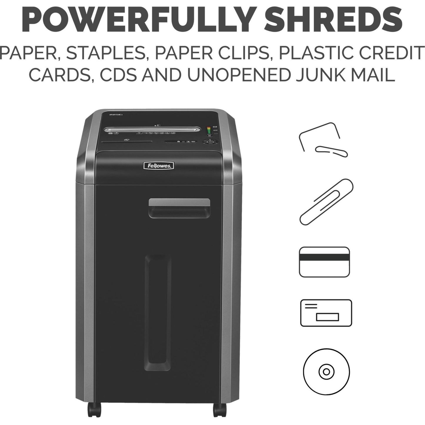 Fellowes&reg; 225Ci Paper Shredder | 100% Jam Proof 22-Sheet Cross-Cut Security Commercial Grade | 3825001 Model Black