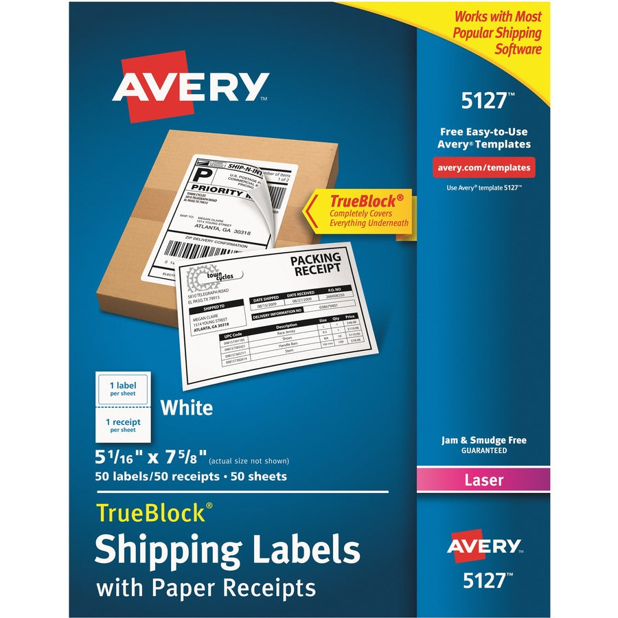 Avery&reg; Shipping Labels w/ Paper Receipts TrueBlock&reg; Technology Permanent Adhesive 5-1/16" x 7-5/8"  50 Labels (5127)
