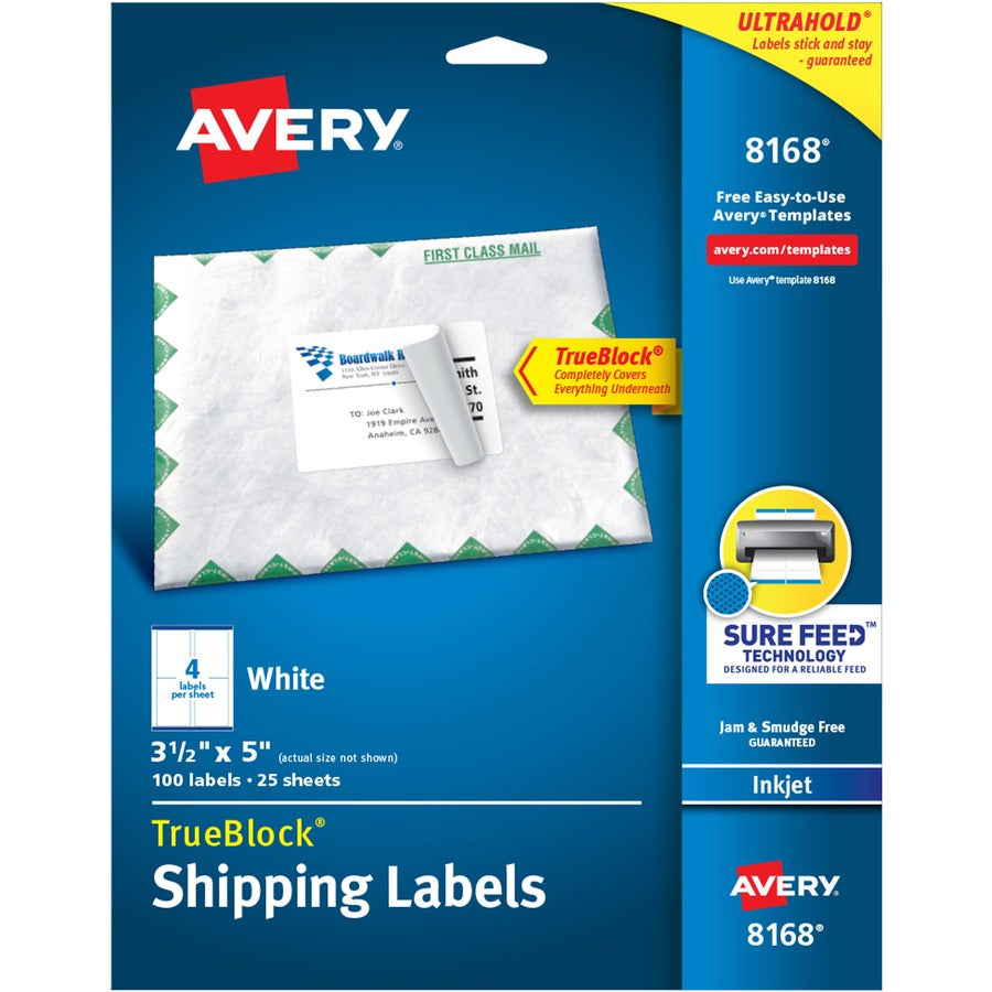 Avery&reg; TrueBlock&reg; Shipping Labels Sure Feed&reg; Technology Permanent Adhesive 3-1/2" x 5"  100 Labels (8168)