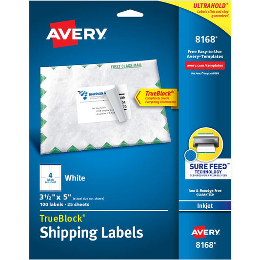 Avery&reg; TrueBlock&reg; Shipping Labels Sure Feed&reg; Technology Permanent Adhesive 3-1/2" x 5"  100 Labels (8168)