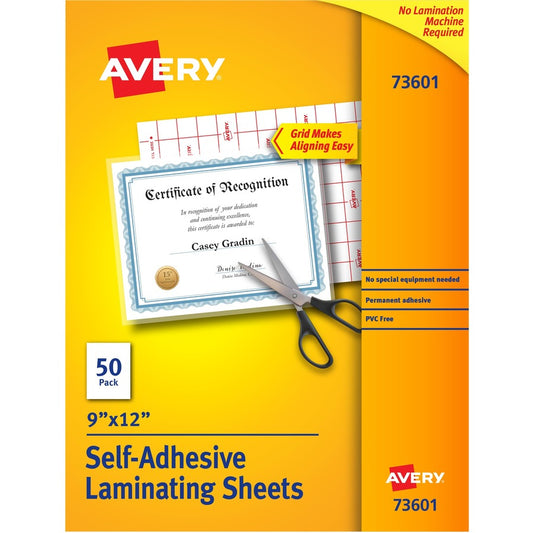 Avery&reg; Self-Adhesive Laminating Sheets 9" x 12"  Permanent Adhesive 50 Clear Laminating Sheets (73601)