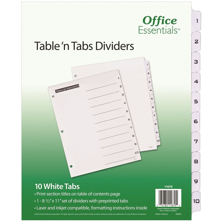 Avery&reg; Office Essentials(TM) Table 'n Tabs(R) Dividers with White Tabs 1-10 Tab 1 Set (11670)