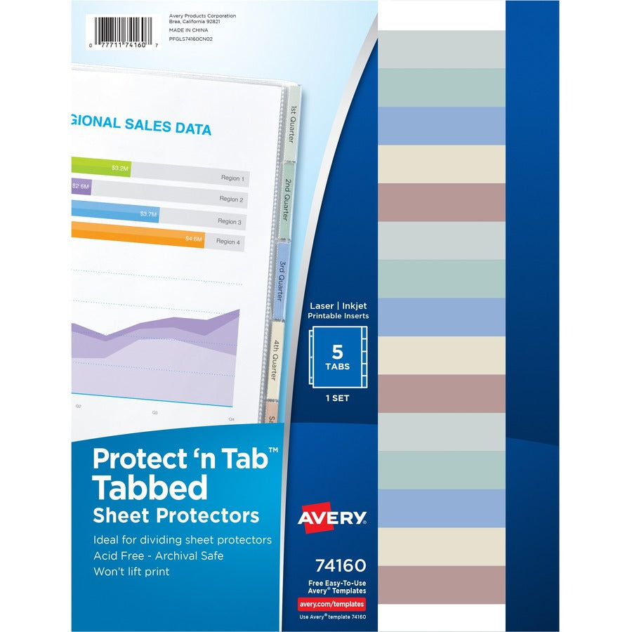 Avery&reg; Protect 'n Tab Tabbed Sheet Protectors 74160 Acid Free 5-Tab Pack of 5