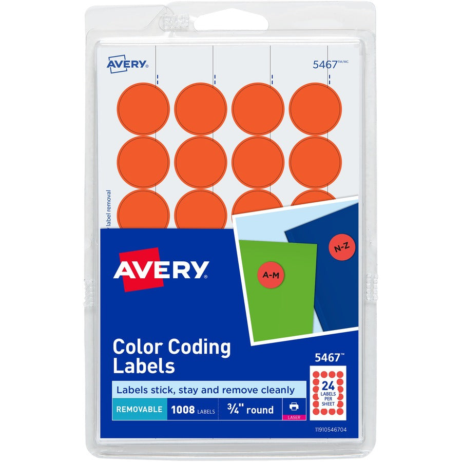 Avery&reg; Removable Color-Coding Labels Removable Adhesive Neon Red 3/4" Diameter 1008 Labels (5467)