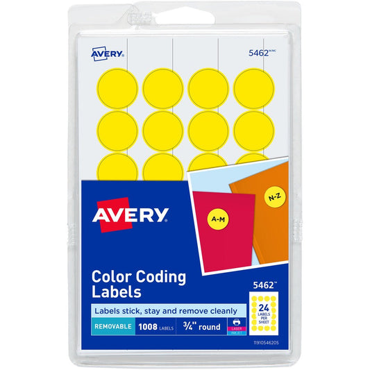 Avery&reg; Removable Color-Coding Labels Removable Adhesive Yellow 3/4" Diameter 1008 Labels (5462)