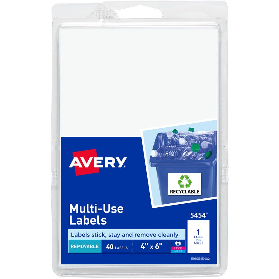 Avery&reg; Removable Labels 4" x 6" Blank Labels Laser/Inkjet Printable Labels 40 Labels (5454)
