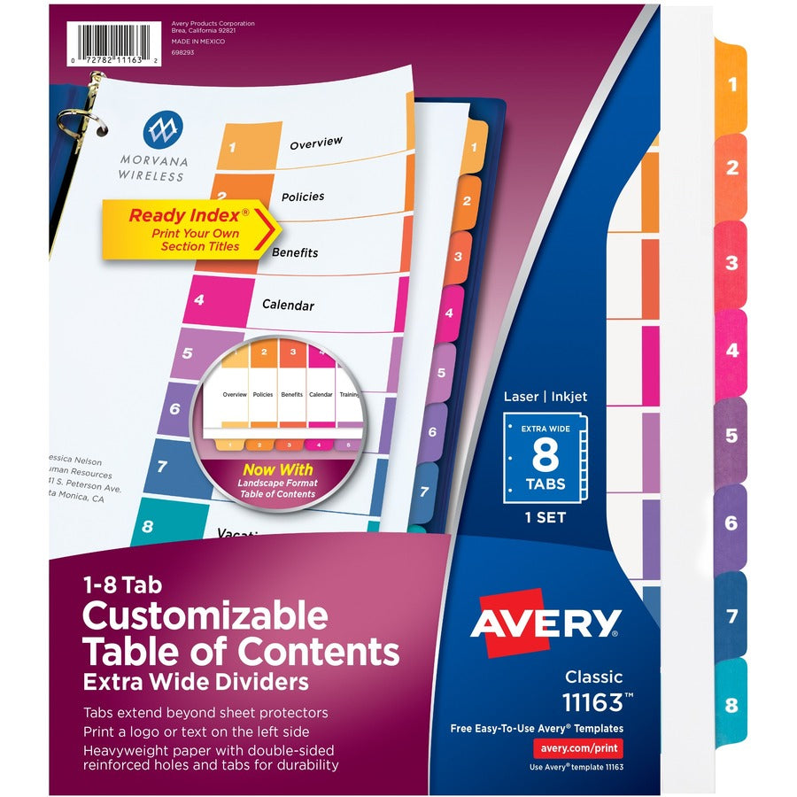 Avery&reg; Ready Index(R) 8 Tab Extra-Wide Binder Dividers Customizable Table of Contents Multicolor Tabs 1 Set (11163)