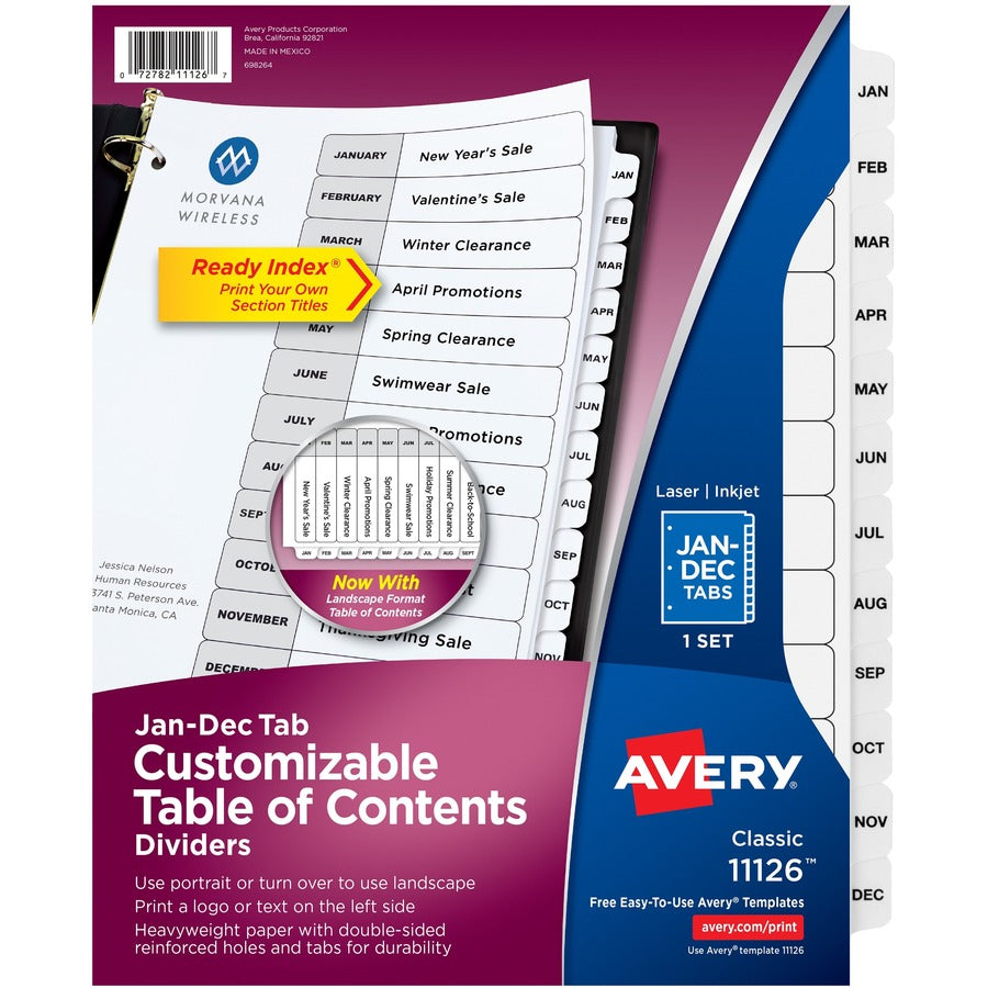 Avery&reg; Ready Index(R) Jan-Dec 12 Tab Binder Dividers Customizable Table of Contents Classic White Tabs 1 Set (11126)