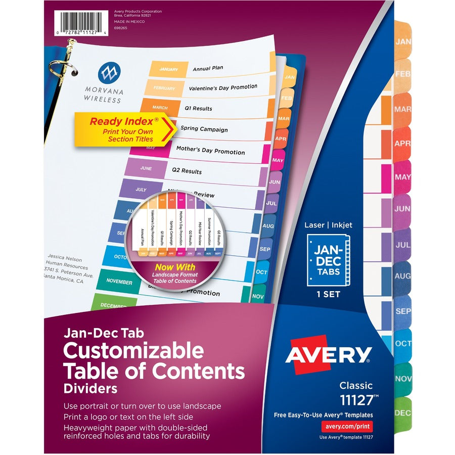 Avery&reg; Ready Index(R) Monthly Dividers Customizable Table of Contents Classic Multicolor Tabs 1 Set (11127)