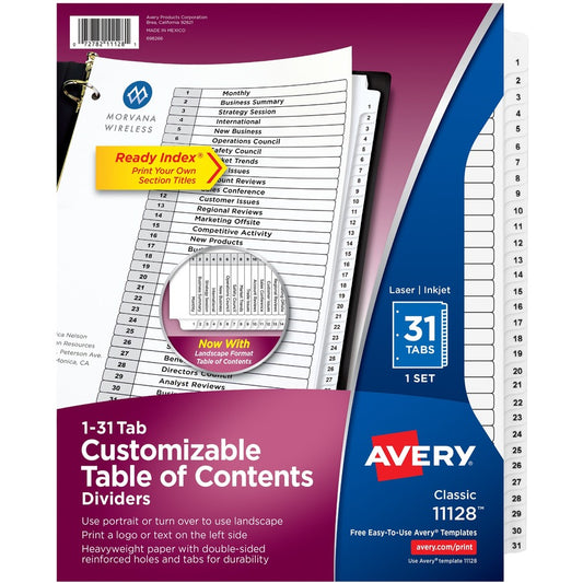 Avery&reg; Ready Index(R) 31 Tab Binder Dividers Customizable Table of Contents Classic White Tabs 1 Set (11128)