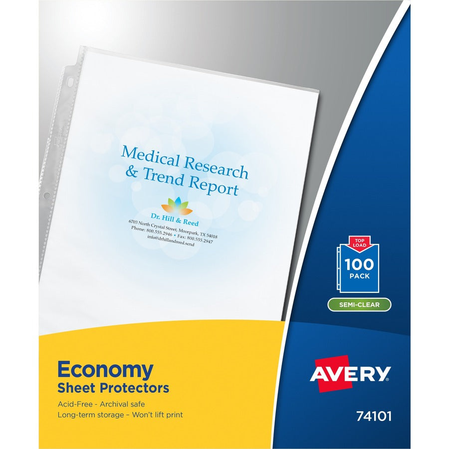 Avery&reg; Economy Semi-Clear Sheet Protectors Acid-Free Archival Safe Top Loading 100 Protectors (74101)