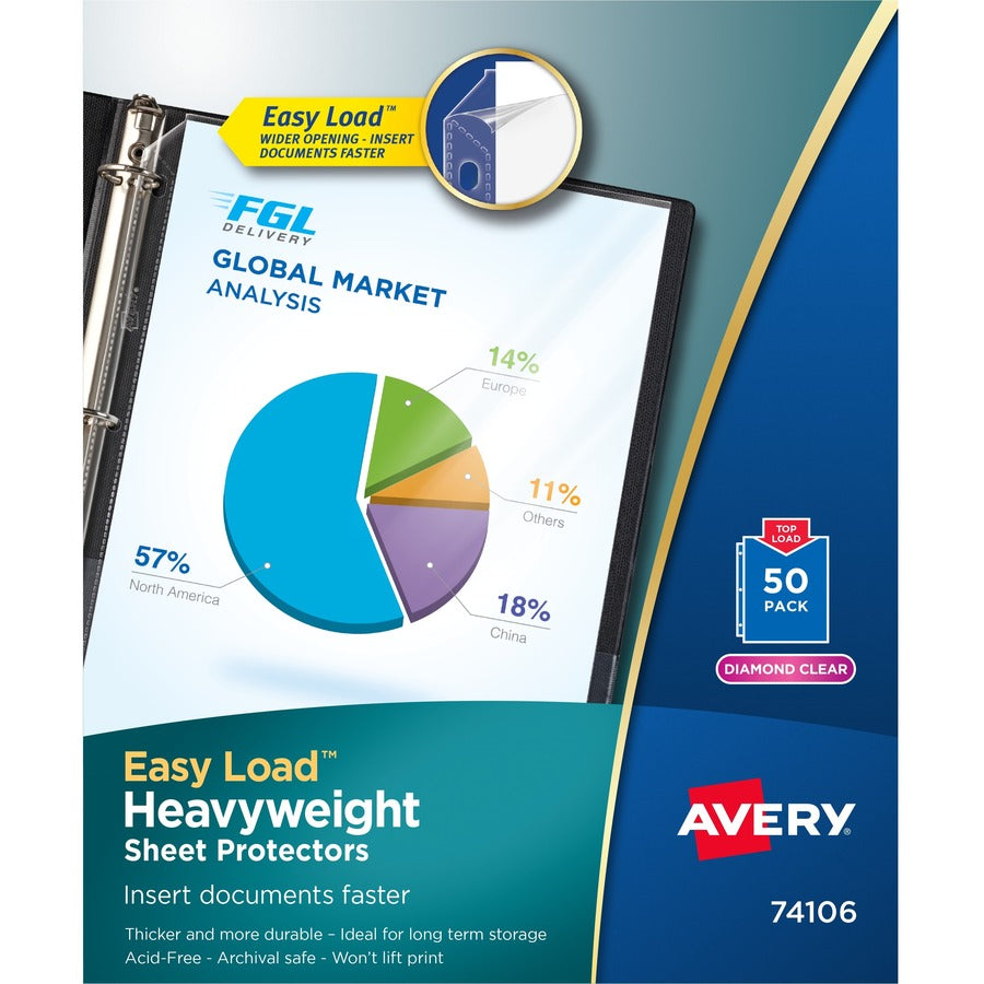 Avery&reg; Diamond Clear Heavyweight Sheet Protectors Acid-Free Archival Safe Top Loading 50 Protectors (74106)