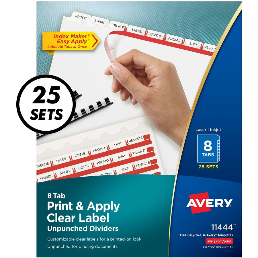 Avery&reg; Print & Apply Clear Label Unpunched Dividers Index Maker(R) Easy Apply(TM) Printable Label Strip 8 White Tabs 25 Sets (11444)