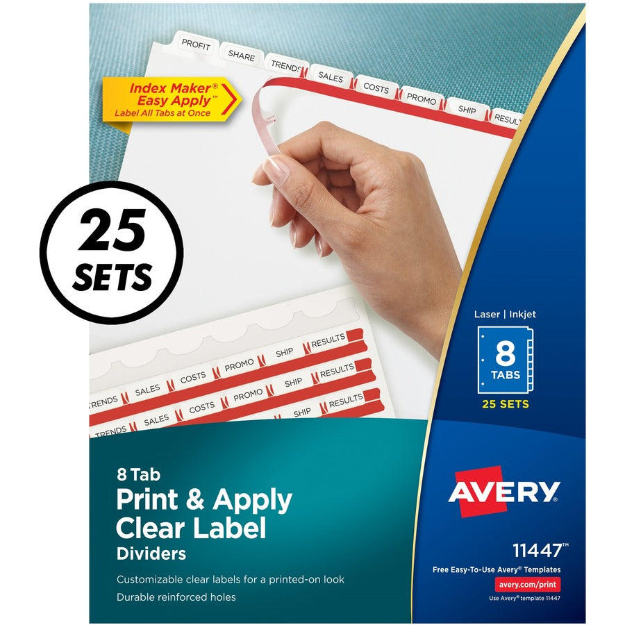 Avery&reg; Print & Apply Clear Label Dividers Index Maker(R) Easy Apply(TM) Printable Label Strip 8 White Tabs 25 Sets (11447)