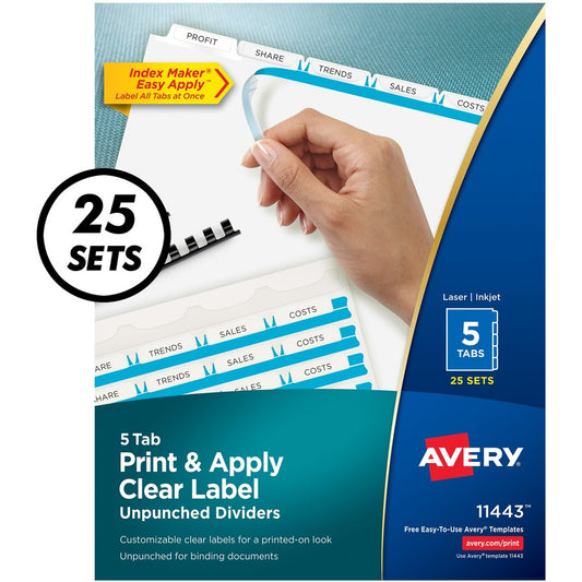 Avery&reg; Print & Apply Clear Label Unpunched Dividers Index Maker(R) Easy Apply(TM) Printable Label Strip 5 White Tabs 25 Sets (11443)