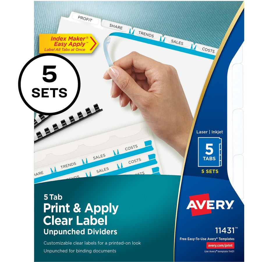 Avery&reg; Print & Apply Clear Label Unpunched Dividers Index Maker(R) Easy Apply(TM) Printable Label Strip 5 White Tabs 5 Sets (11431)