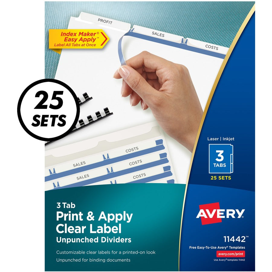 Avery&reg; Print & Apply Clear Label Unpunched Dividers Index Maker(R) Easy Apply(TM) Printable Label Strip 3 White Tabs 25 Sets (11442)