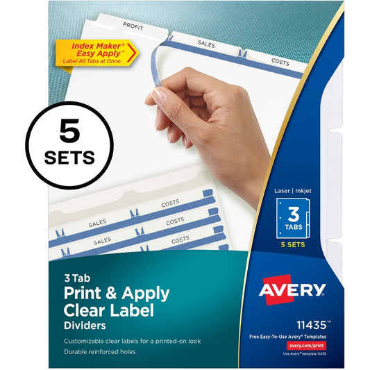 Avery&reg; Print & Apply Clear Label Dividers Index Maker(R) Easy Apply(TM) Printable Label Strip 3 White Tabs 5 Sets (11435)