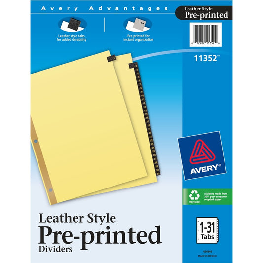 Avery&reg; Preprinted Black Leather Tab Dividers Gold Reinforced Binding Edge 1-31-Tab 1 Set (11352)