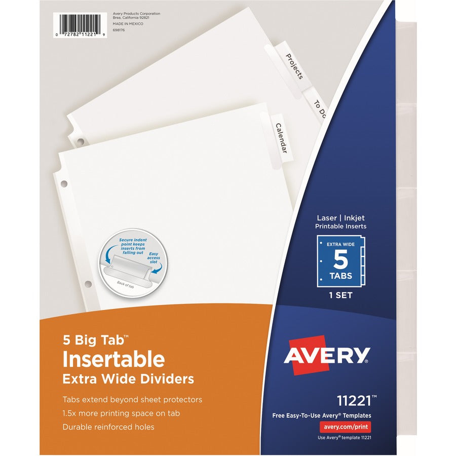 Avery&reg; Big Tab(TM) Insertable Extra Wide Dividers 5 Clear Tabs 1 Set (11221)