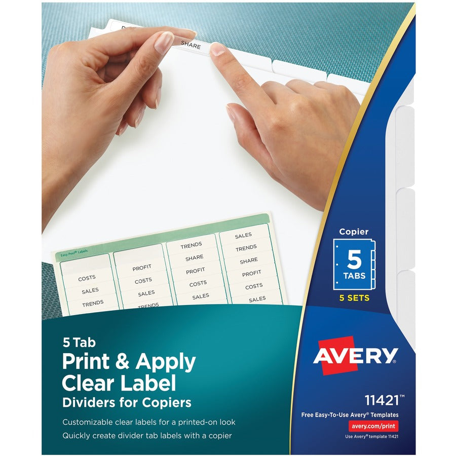 Avery&reg; Print & Apply Clear Label Dividers Index Maker(R) Easy Peel(R) Printable Labels for Copiers 5 White Tabs 5 Sets (11421)